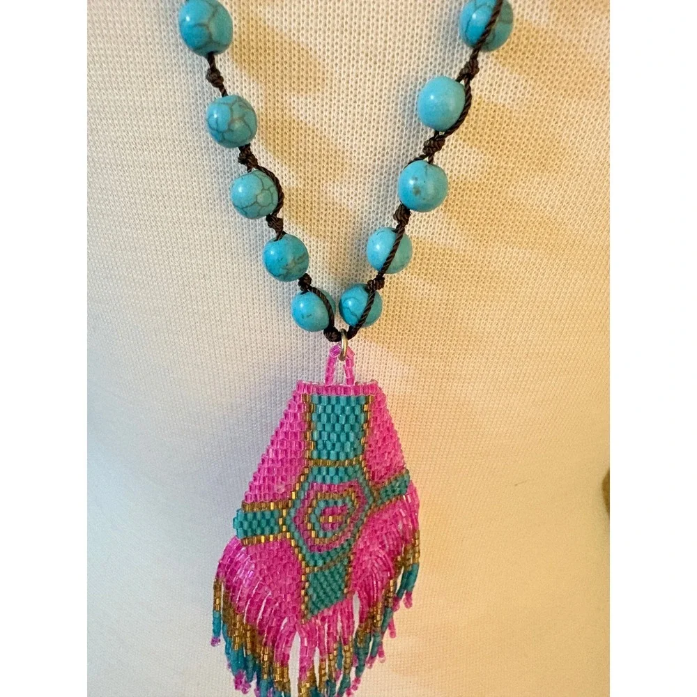 Glam Girl Turquoise Stone Beaded Necklace Pink Teal Seed Bead Fringe Pendant
